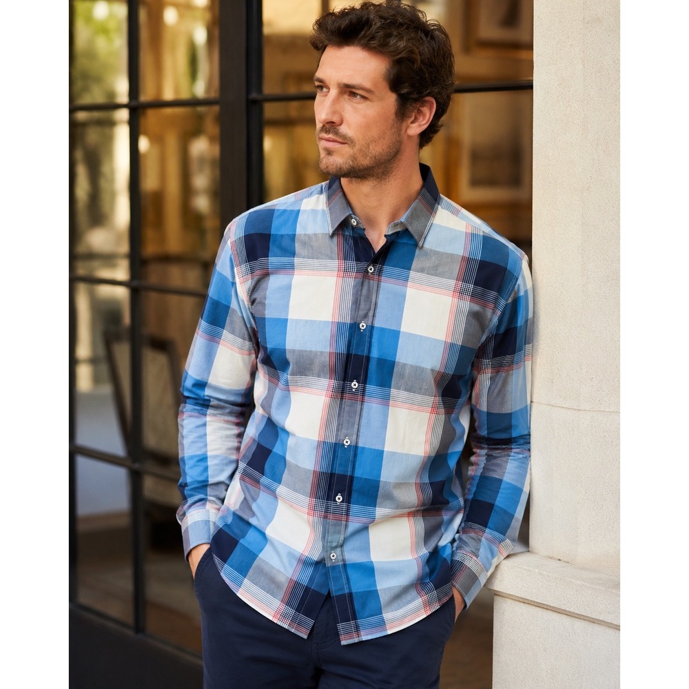 Express Fitted Dress Shirt Mens XL 17-17.5 Blue Plaid Long Sleeve‎ Button Up